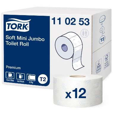 Toiletrulle Tork Premium Soft Mini Jumbo T2 hvid 170m 2 lag 12 ruller/krt