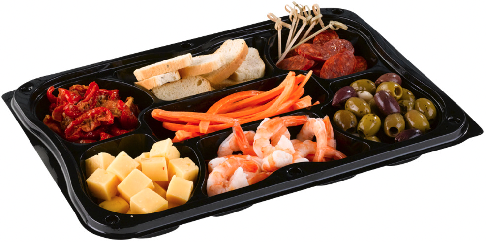 Gourmet bakke, 24,5x35x3,5cm, sort, RPET, 7-rums, take away, inkl. låg 25 stk/krt