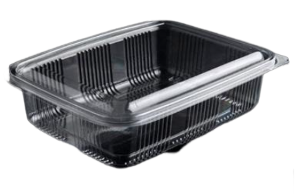 Plastbæger 1250 ml 140x195x60 mm firkantet hængslet låg RPET Klar 4 ps x 100 STK/krt