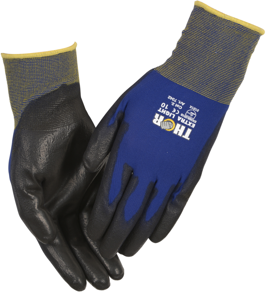 Fingerdyppet PU handske, THOR Extra Light, 7, blå, polyester/PA, ribkant 12 par/pk