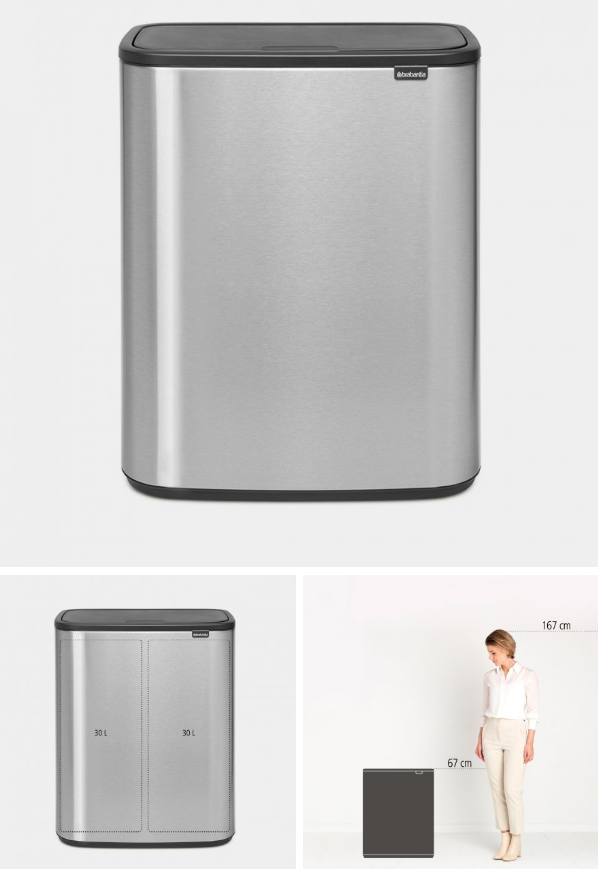 BO TOUCH BIN HI matt steel fingerprint proof 2x30l 38x59,5x75cm