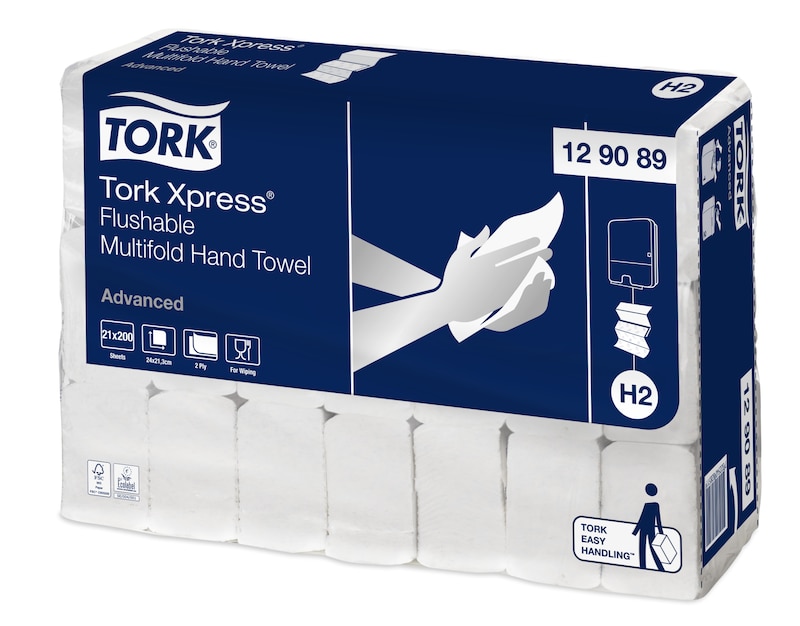 Håndklædeark Tork H2 Advanced Flushable 2-lag Hvid 21 pk x 200 STK/krt