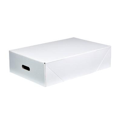 Kødkasse låg massiv pap 25kg FSC 585x385x170mm hvid/brun m/håndtag 25 stk/bdt