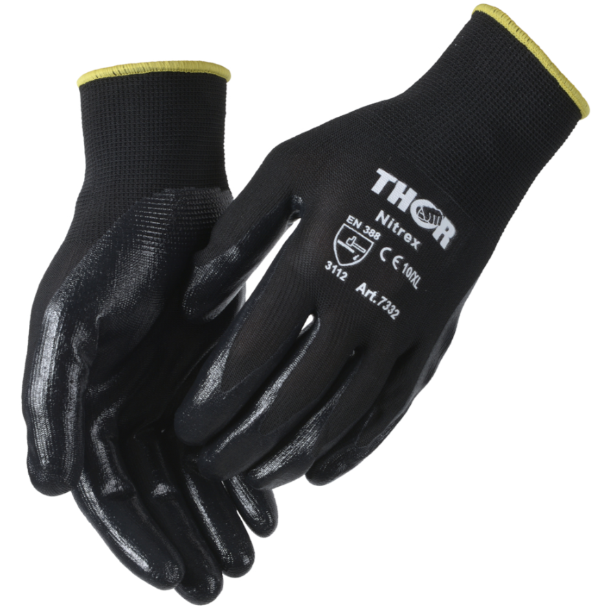 Fingerdyppet nitrilhandske, THOR Nitrex, 8, sort, polyester/nitril, ribkant 12 par/pk