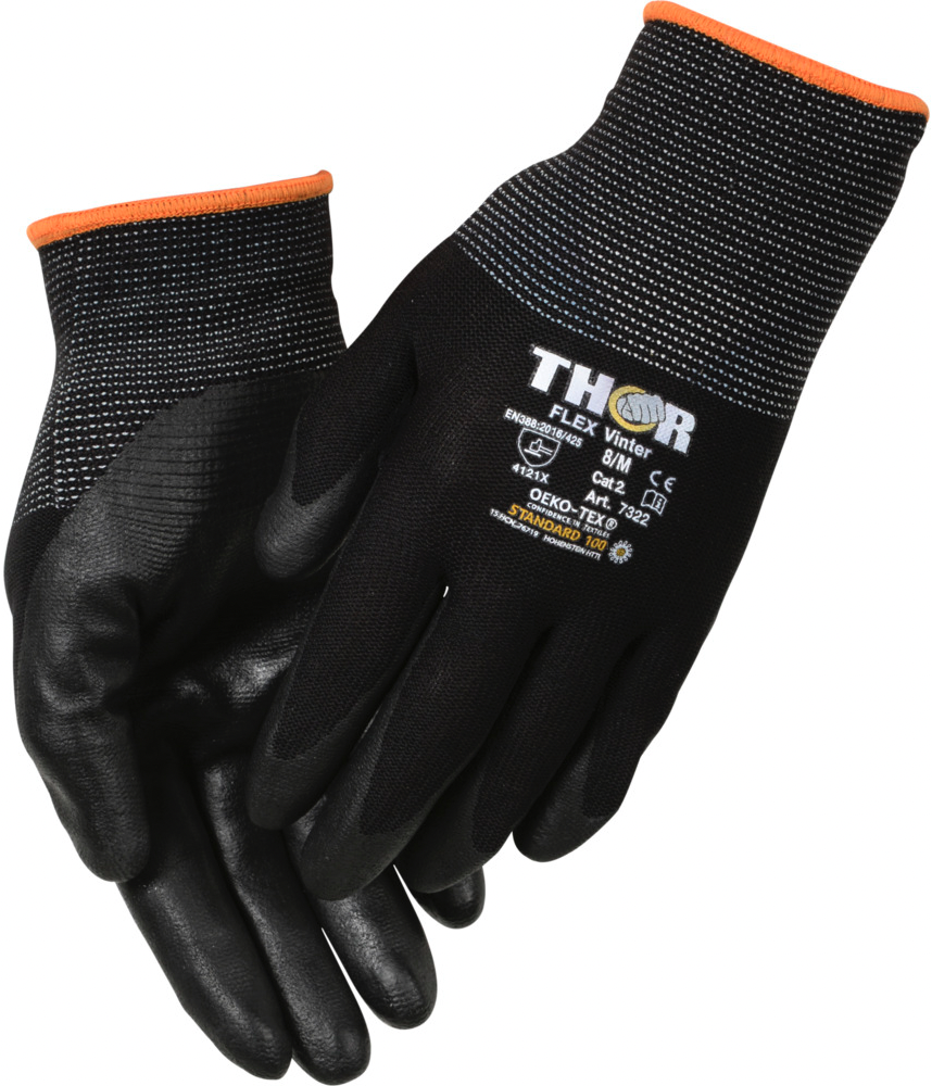 Halvdyppet nitrilhandske, THOR Flex Vinter, 8, sort, nitril/nylon, ribkant 12 par/pk