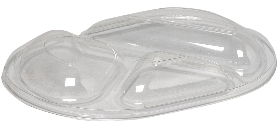 Snap-on låg, 23,8x17,6x3cm, klar, PS/OPS, oval, til 3-rums, antidug effekt 240 stk/krt