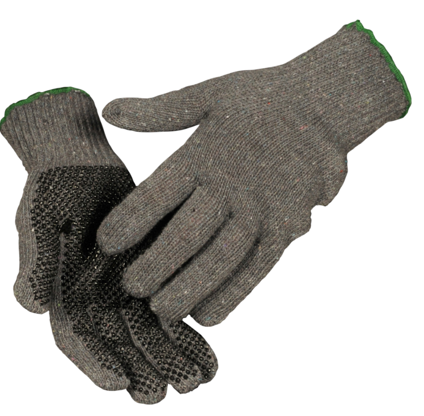 Strikhandske, 10, grå, bomuld/polyester, med sorte dotter, lycra elastik 12 par/pk